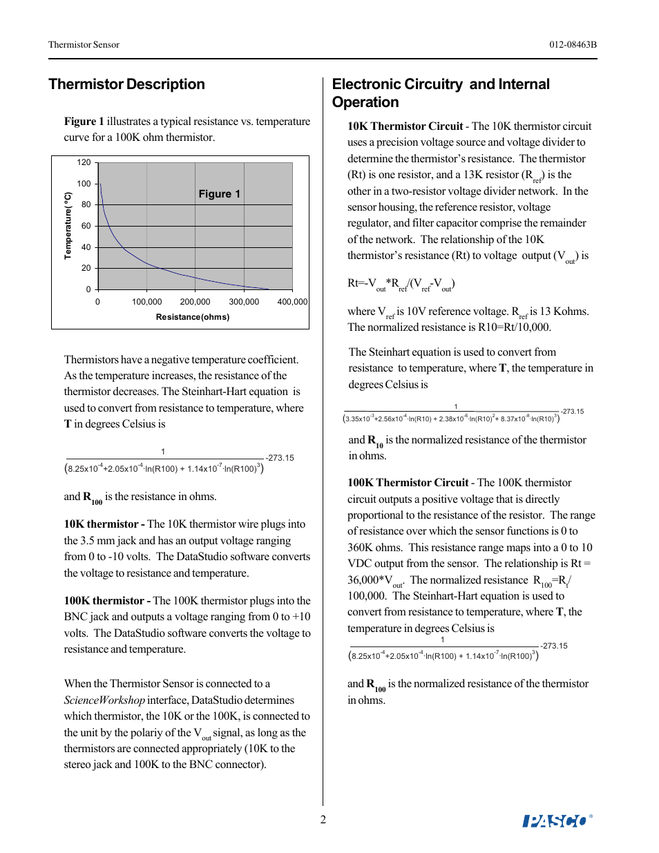 Electronic circuitry and internal operation, Thermistor description, Is rt=-v | Where v, Is 10v reference voltage. r, The normalized resistance r, And r | PASCO CI-6527A Thermistor Sensor User Manual | Page 2 / 5