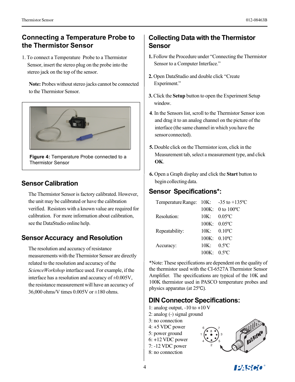 Sensor specifications, Collecting data with the thermistor sensor, Sensor calibration | Sensor accuracy and resolution, Din connector specifications | PASCO CI-6527A Thermistor Sensor User Manual | Page 4 / 5
