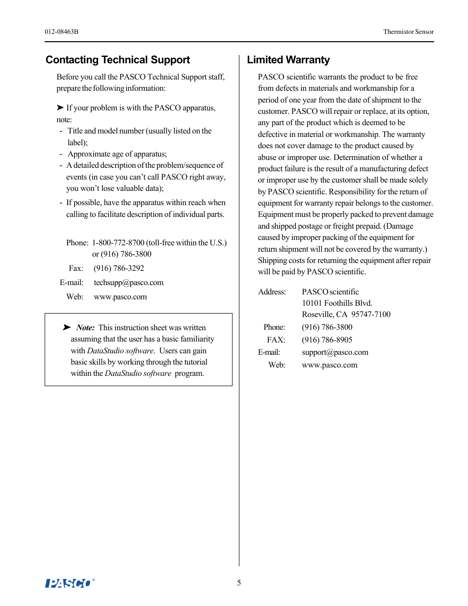 Limited warranty, Contacting technical support | PASCO CI-6527A Thermistor Sensor User Manual | Page 5 / 5