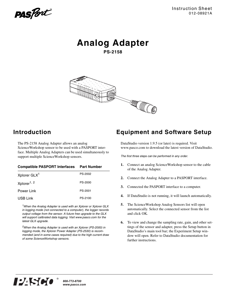 PASCO PS-2158 Analog Adapter User Manual | 2 pages