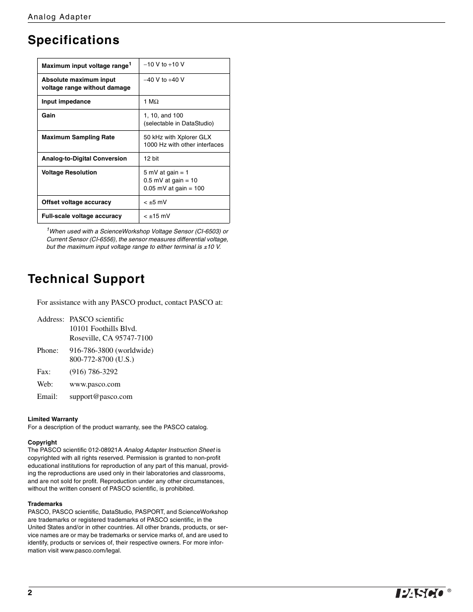 Specifications technical support | PASCO PS-2158 Analog Adapter User Manual | Page 2 / 2