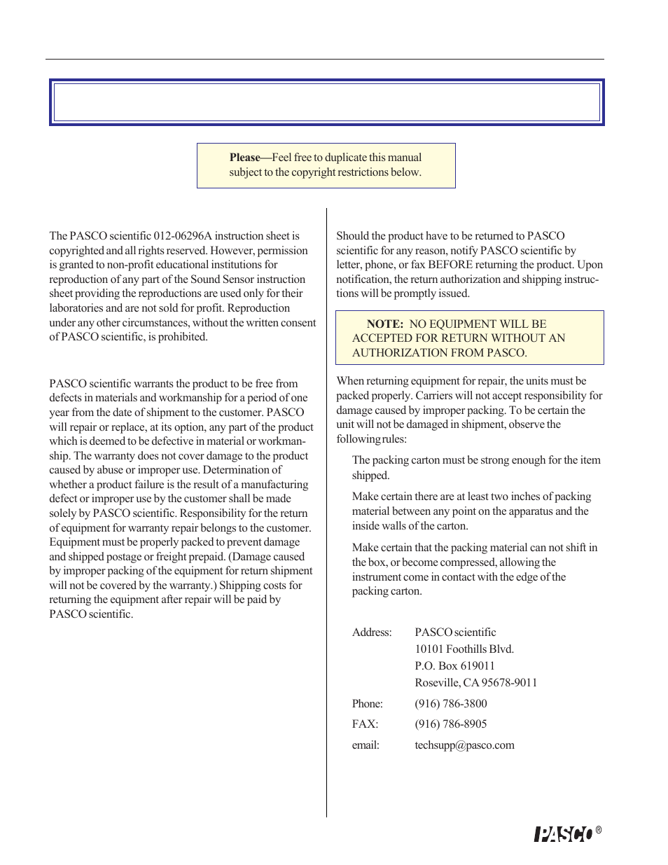 Copyright, warranty, and equipment return | PASCO CI-6506B SOUND SENSOR User Manual | Page 4 / 4