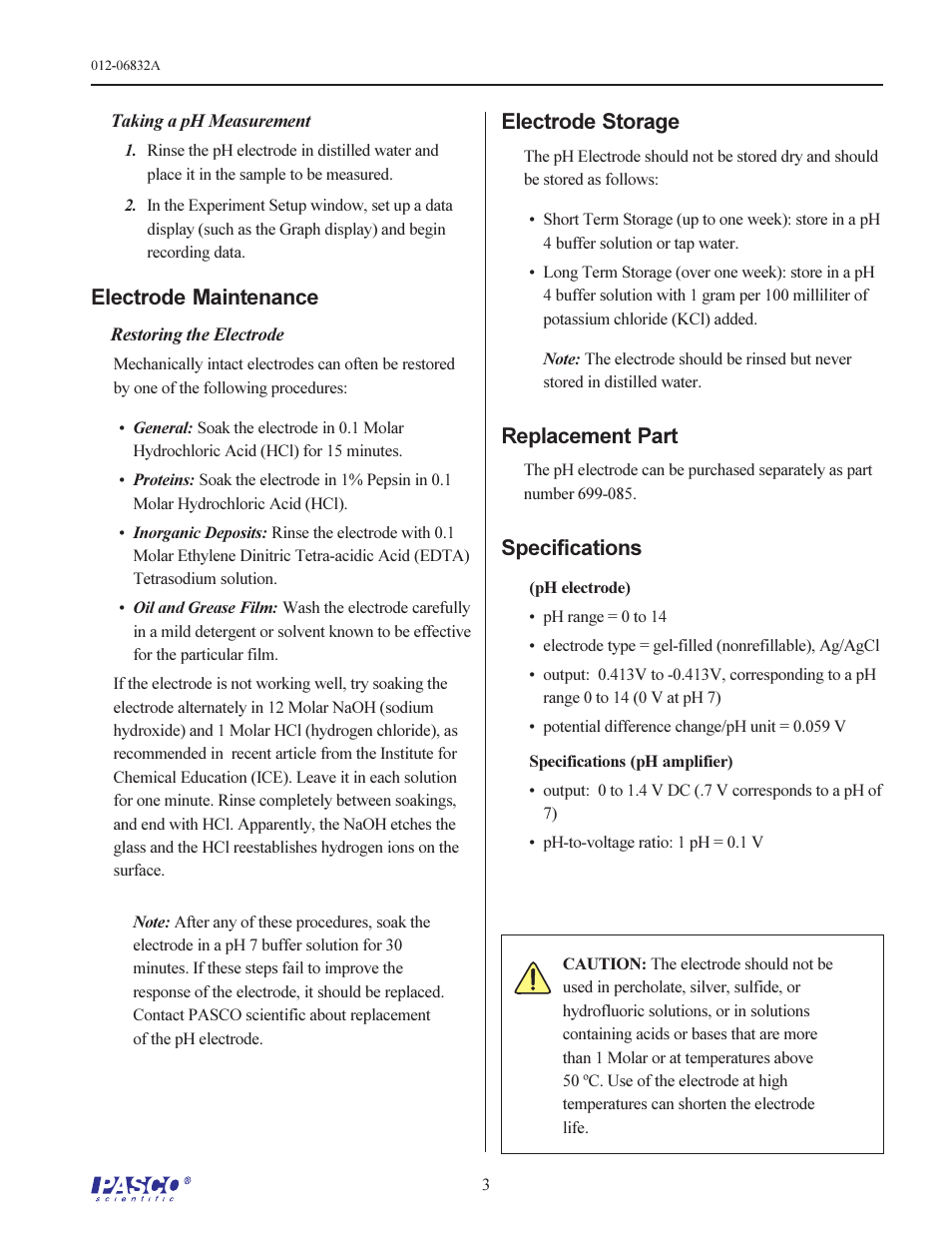 Electrode maintenance, Electrode storage, Replacement part | Specifications | PASCO CI-6507A pH Sensor User Manual | Page 3 / 4
