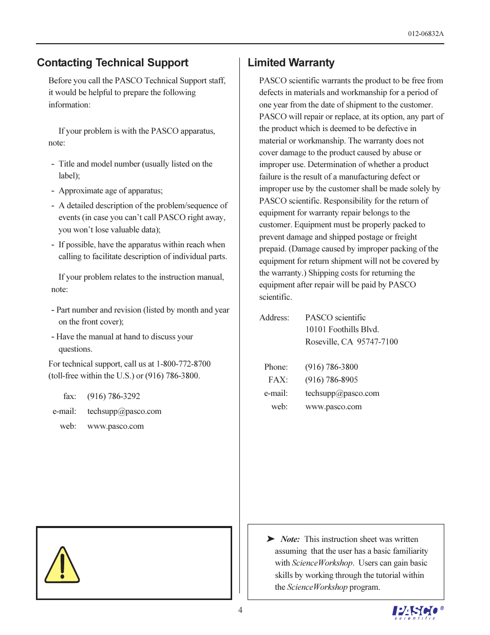 Limited warranty, Contacting technical support | PASCO CI-6507A pH Sensor User Manual | Page 4 / 4