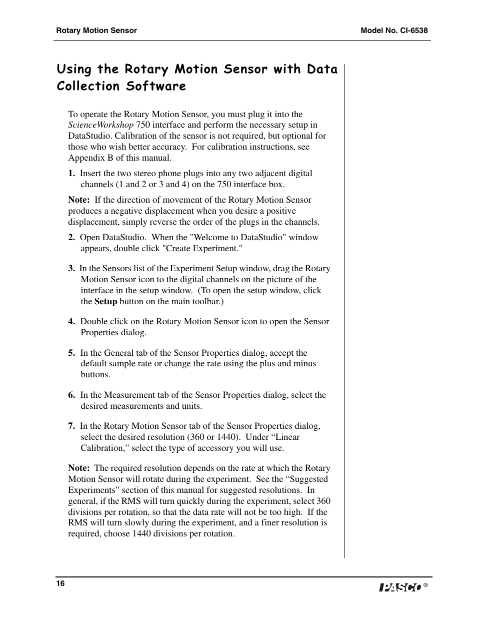 PASCO CI-6538 Rotary Motion Sensor User Manual | Page 17 / 34