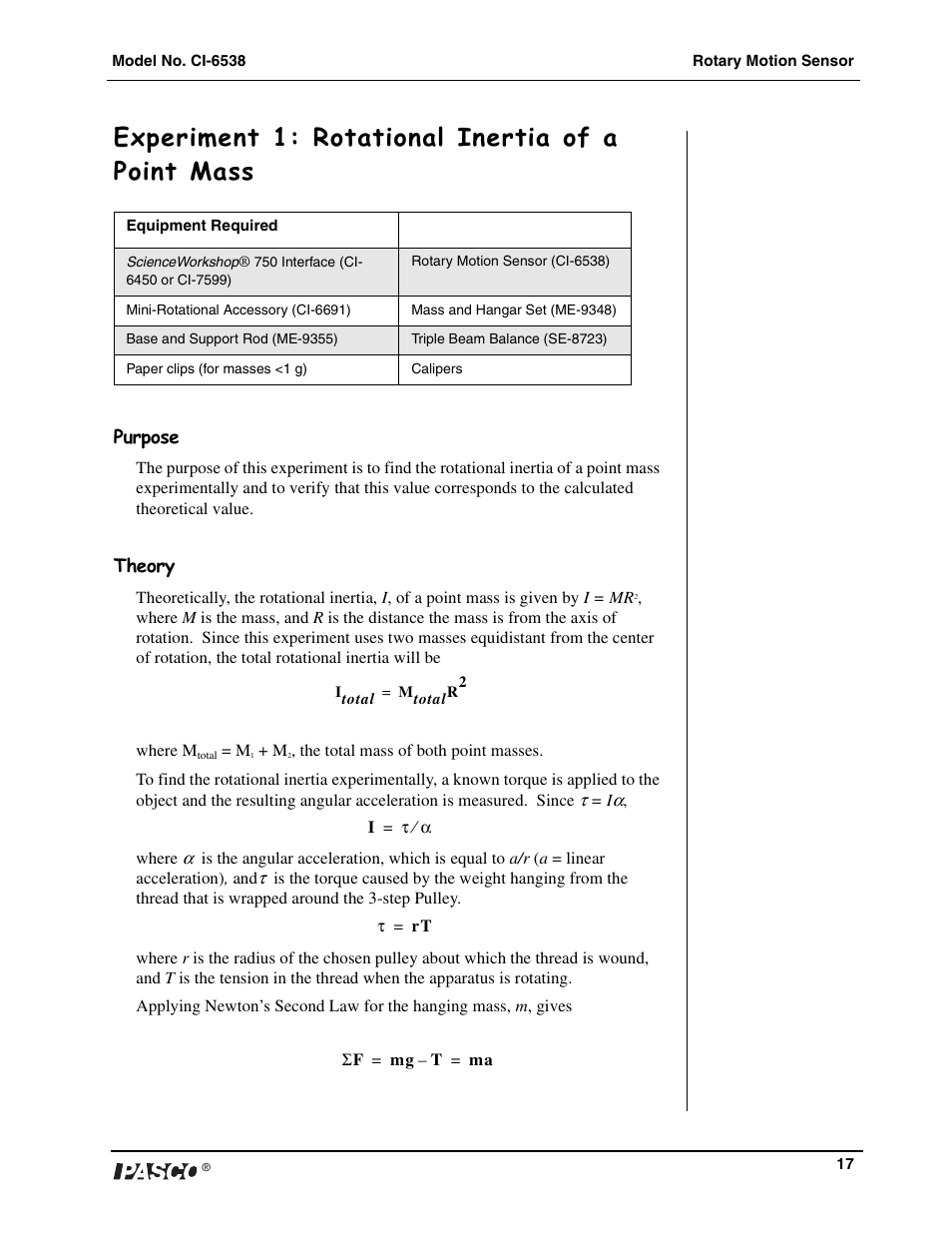 Experiment 1: rotational inertia of a point mass | PASCO CI-6538 Rotary Motion Sensor User Manual | Page 18 / 34