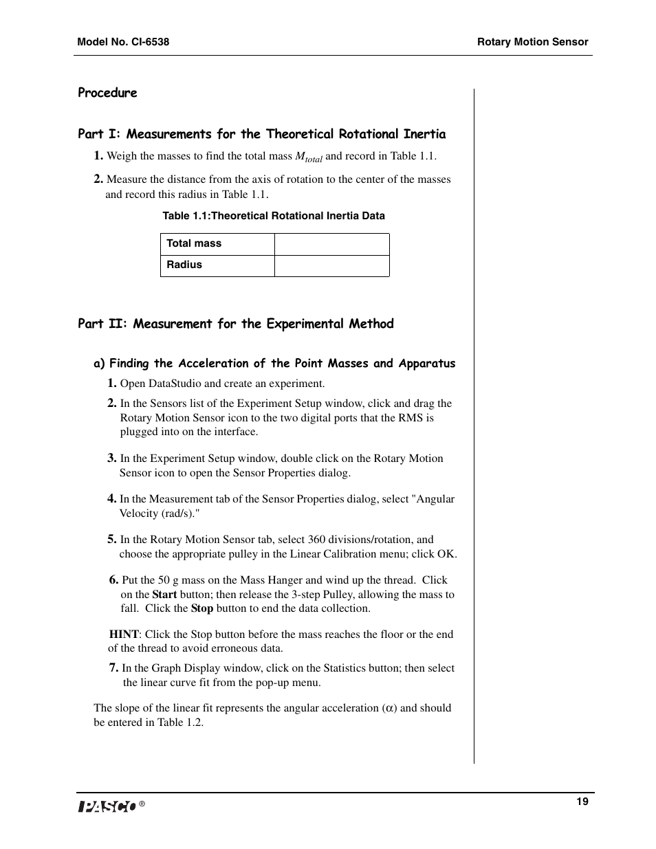 PASCO CI-6538 Rotary Motion Sensor User Manual | Page 20 / 34