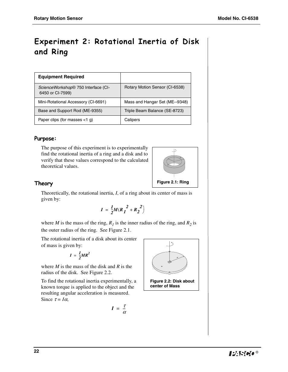 Experiment 2: rotational inertia of disk and ring | PASCO CI-6538 Rotary Motion Sensor User Manual | Page 23 / 34