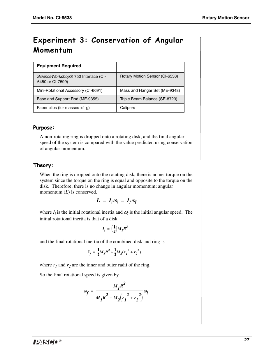 Experiment 3: conservation of angular momentum | PASCO CI-6538 Rotary Motion Sensor User Manual | Page 28 / 34