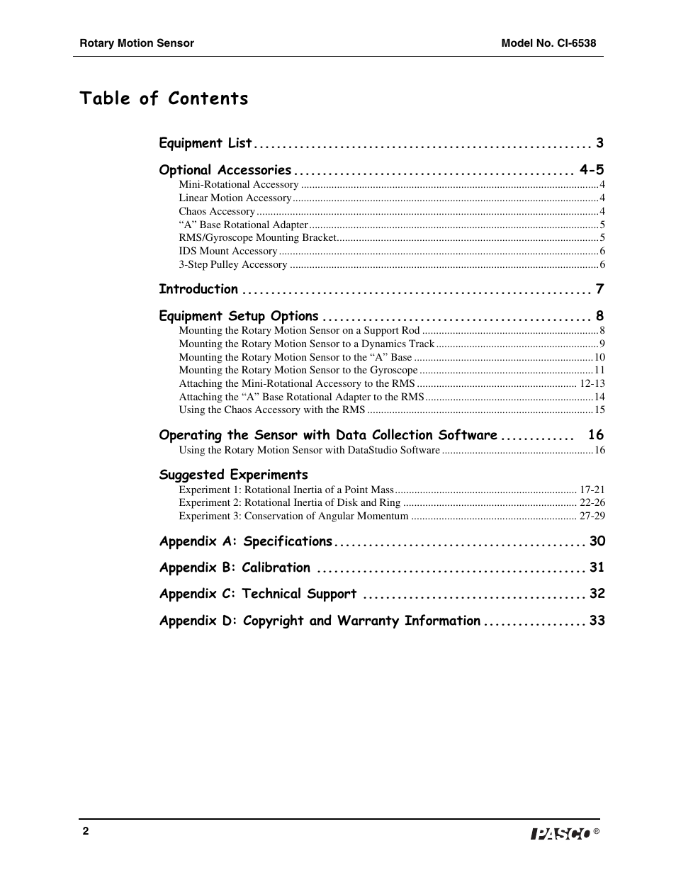 PASCO CI-6538 Rotary Motion Sensor User Manual | Page 3 / 34