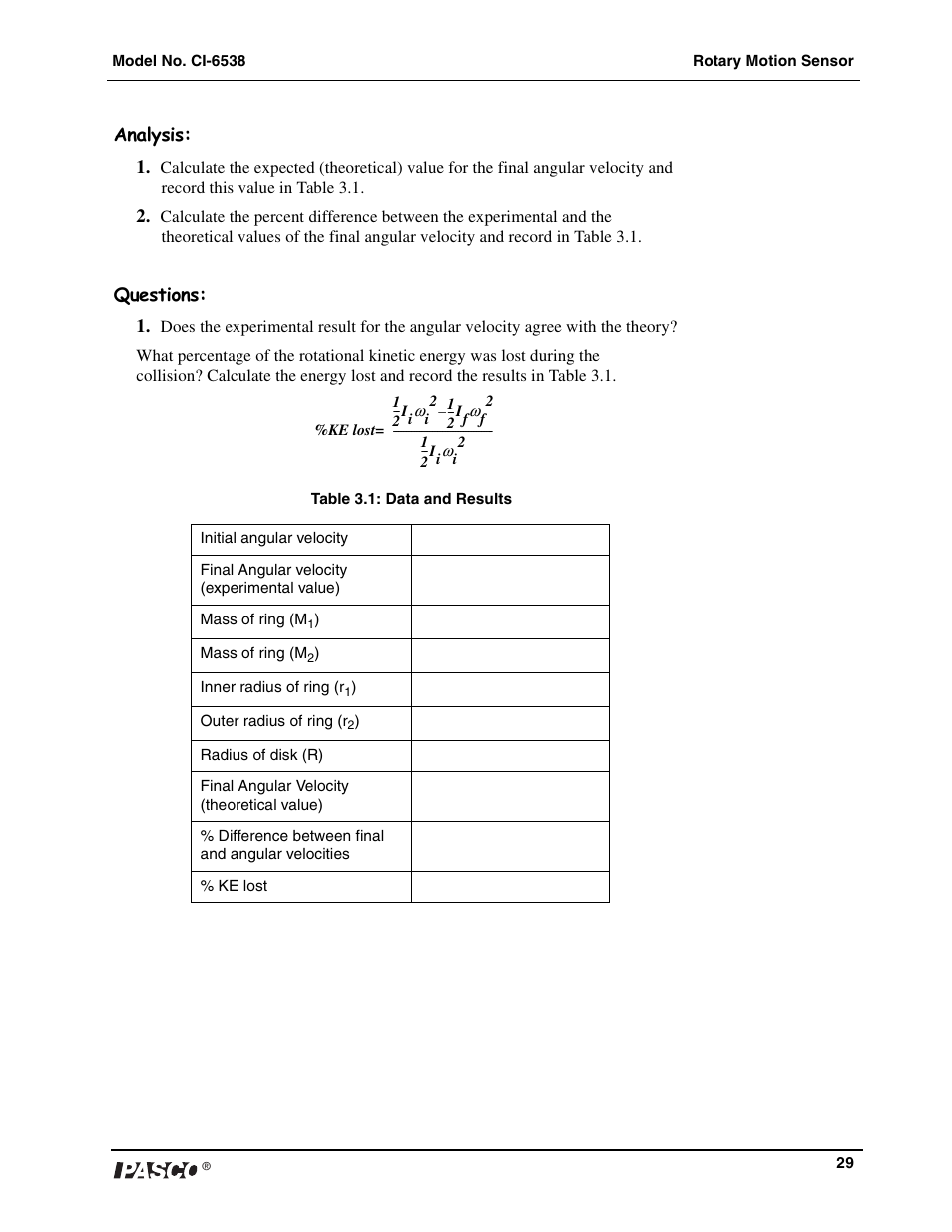 PASCO CI-6538 Rotary Motion Sensor User Manual | Page 30 / 34