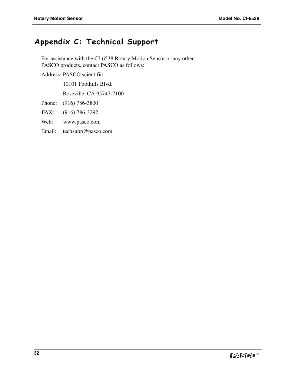 Appendix c: technical support | PASCO CI-6538 Rotary Motion Sensor User Manual | Page 33 / 34