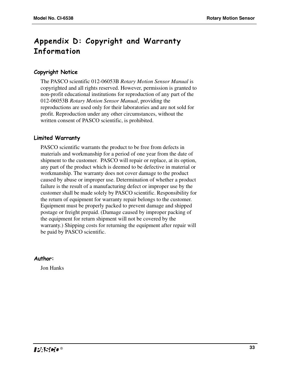 Appendix d: copyright and warranty information | PASCO CI-6538 Rotary Motion Sensor User Manual | Page 34 / 34