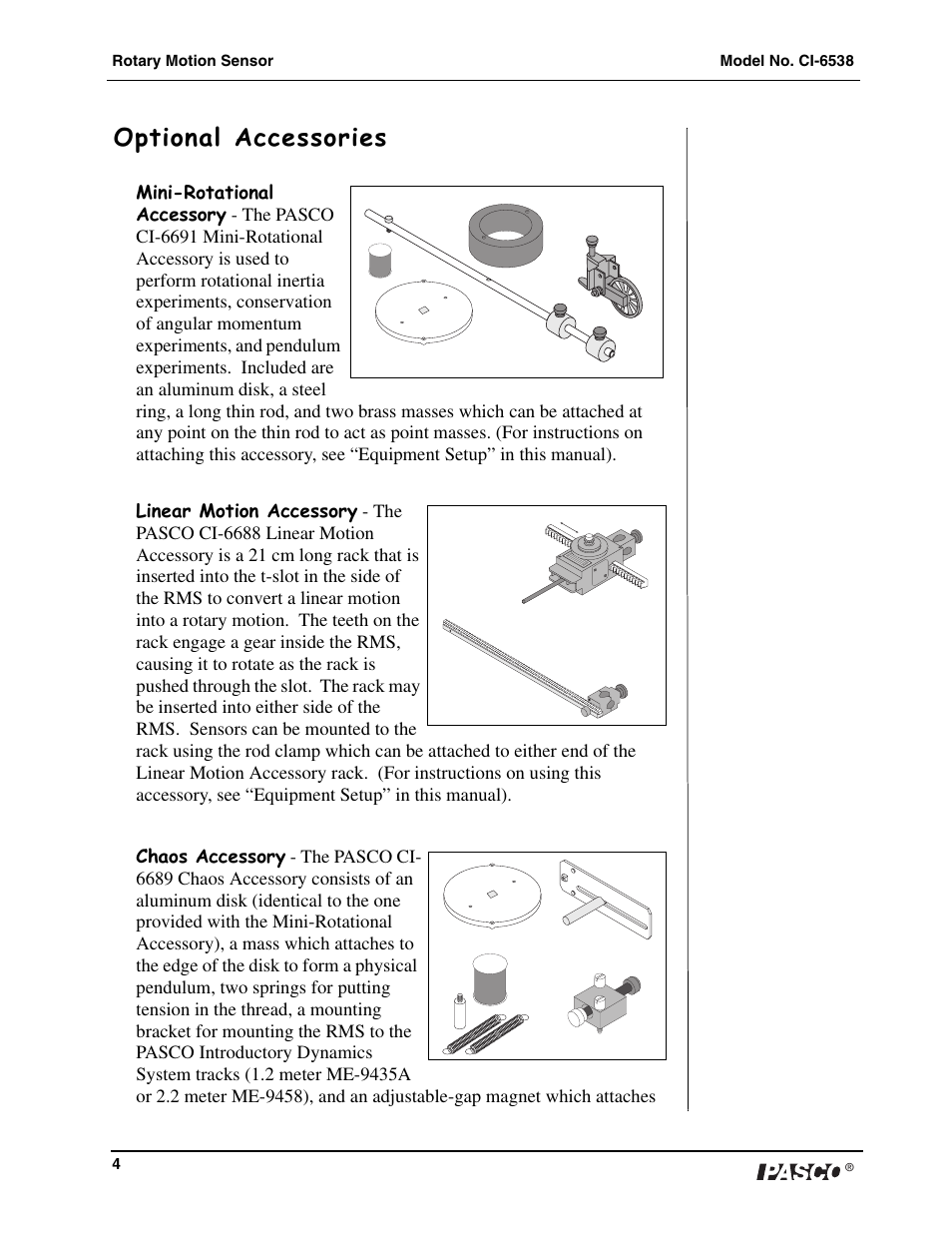 Optional accessories | PASCO CI-6538 Rotary Motion Sensor User Manual | Page 5 / 34