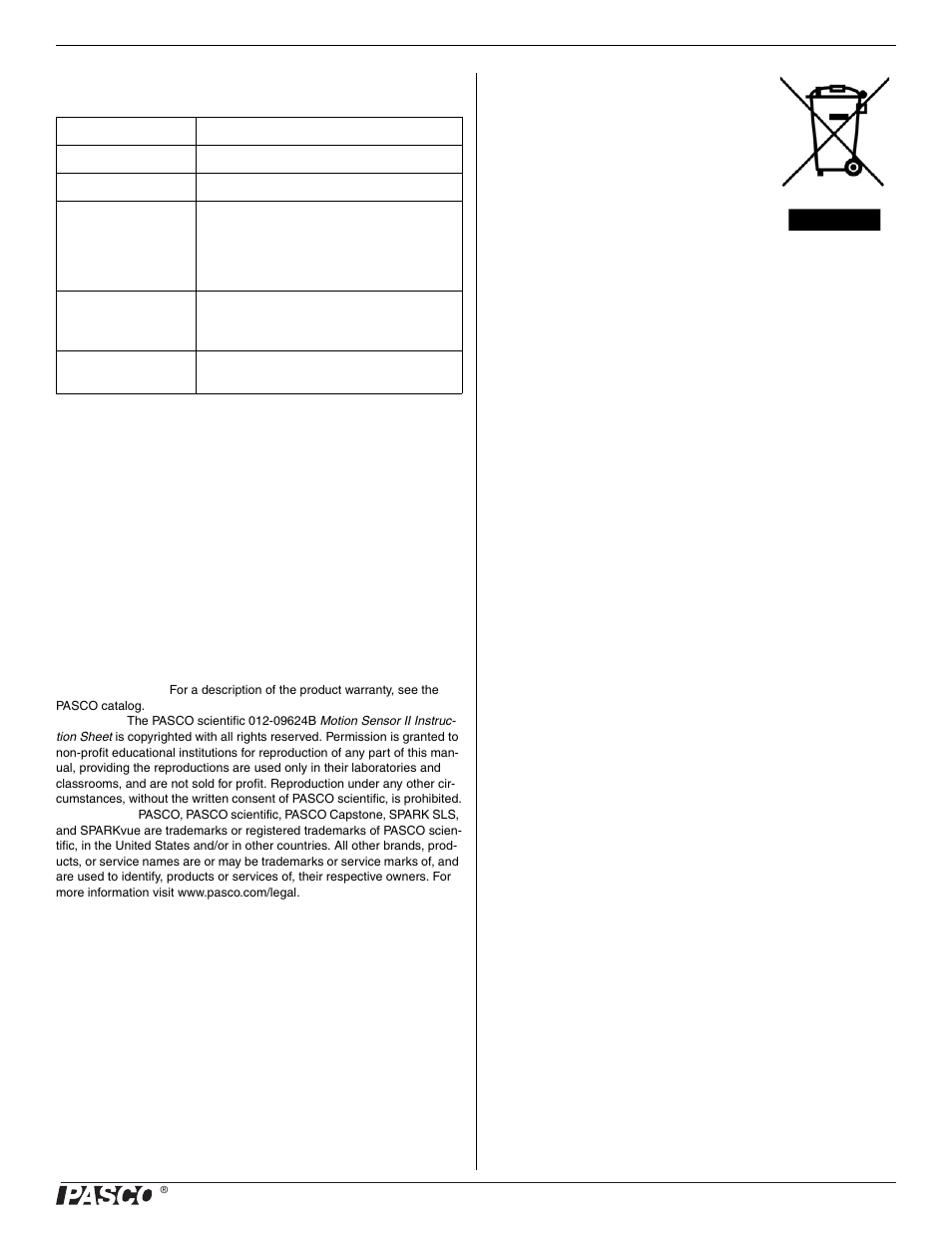 Specifications technical support | PASCO CI-6742A Motion Sensor II User Manual | Page 5 / 5