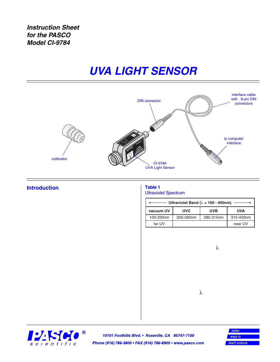 PASCO CI-9784 UVA LIGHT SENSOR User Manual | 4 pages