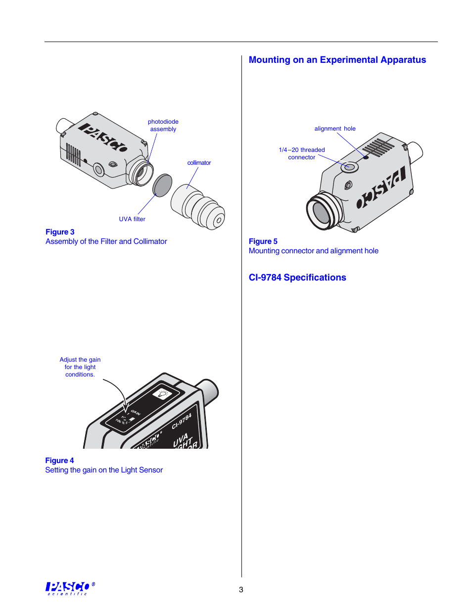 Mounting on an experimental apparatus, Ci-9784 specifications | PASCO CI-9784 UVA LIGHT SENSOR User Manual | Page 3 / 4