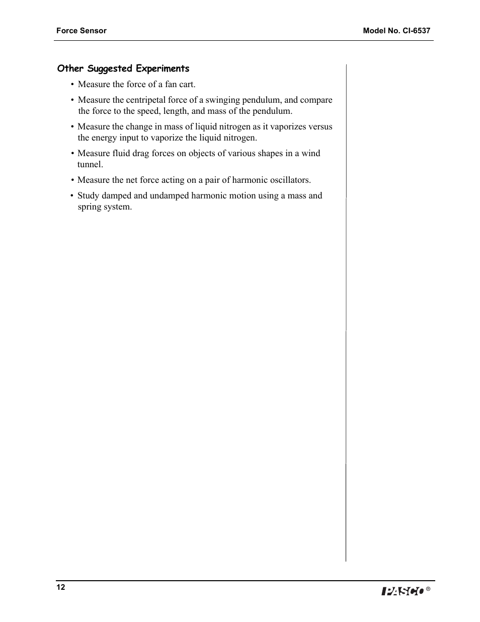 PASCO CI-6537 Force Sensor User Manual | Page 12 / 18