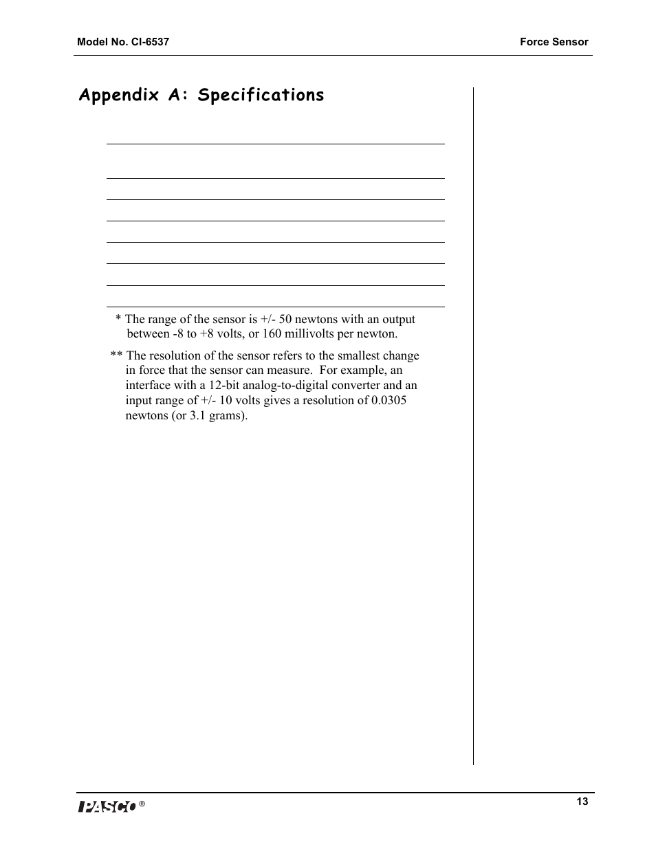 Appendix a: specifications | PASCO CI-6537 Force Sensor User Manual | Page 13 / 18