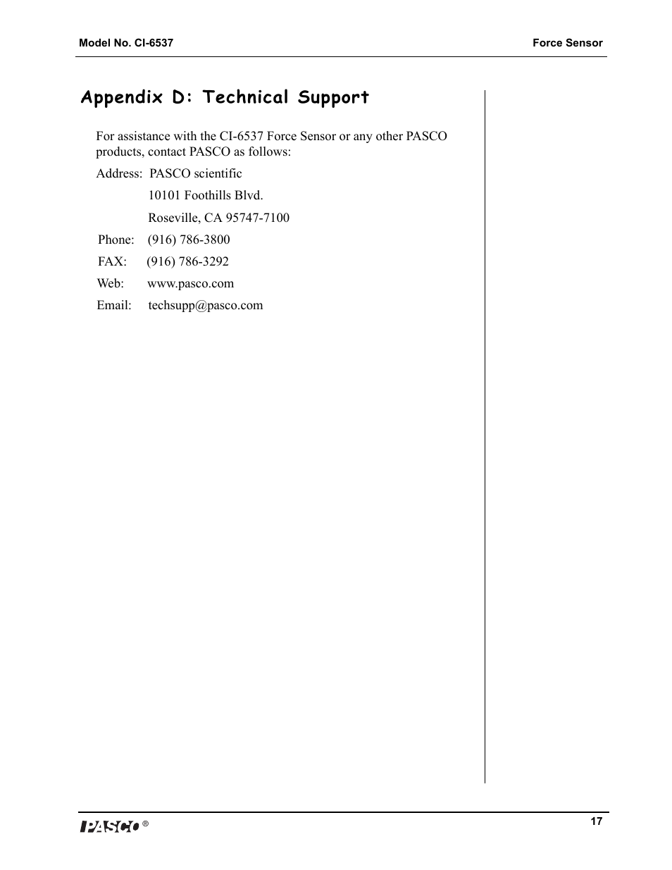 Appendix d: technical support | PASCO CI-6537 Force Sensor User Manual | Page 17 / 18