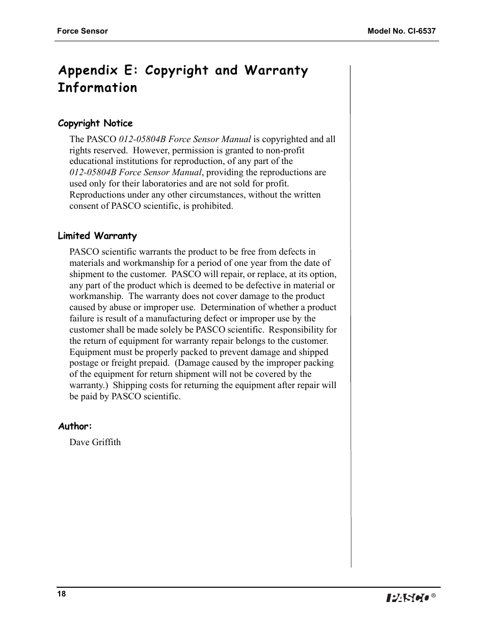 Appendix e: copyright and warranty information | PASCO CI-6537 Force Sensor User Manual | Page 18 / 18