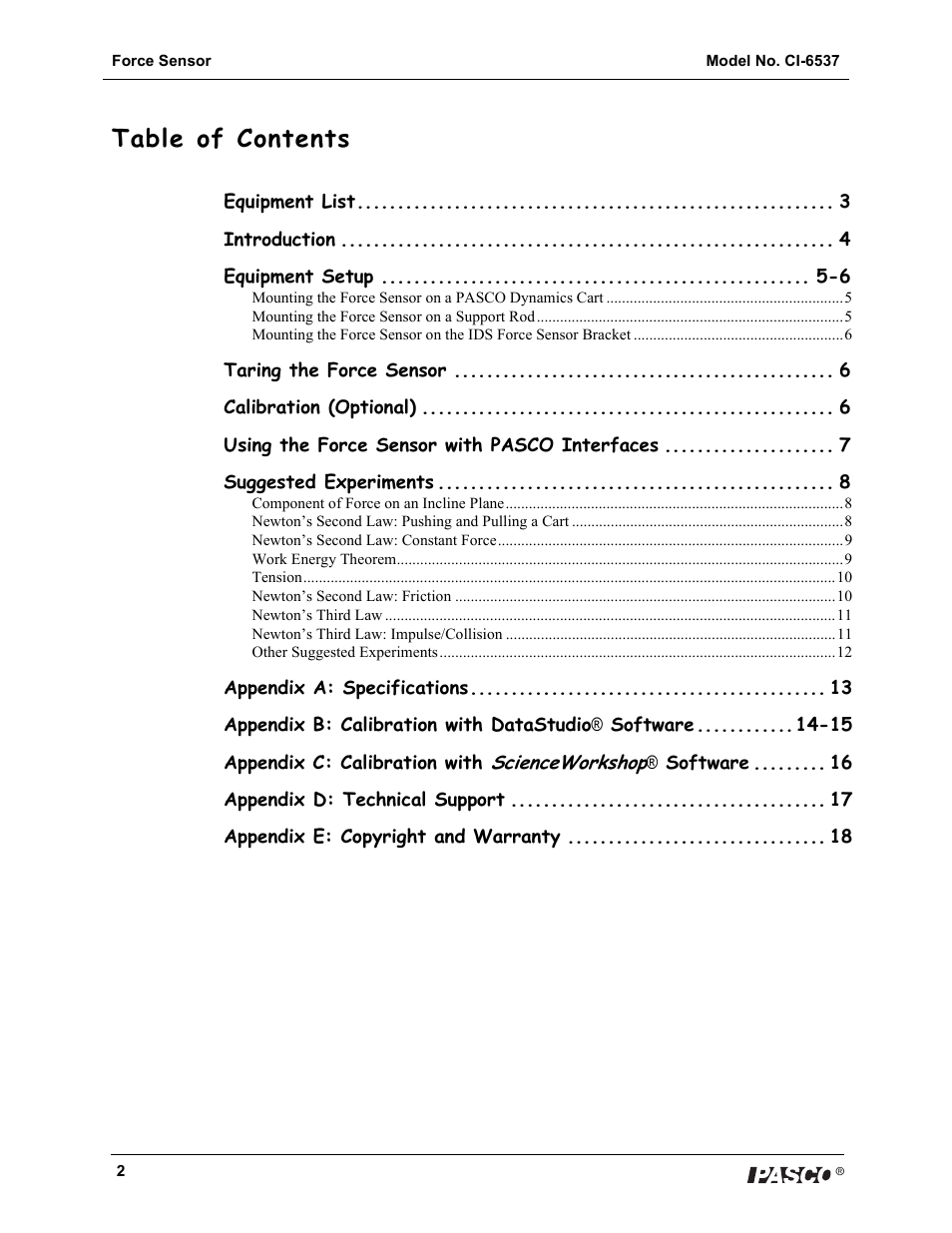 PASCO CI-6537 Force Sensor User Manual | Page 2 / 18