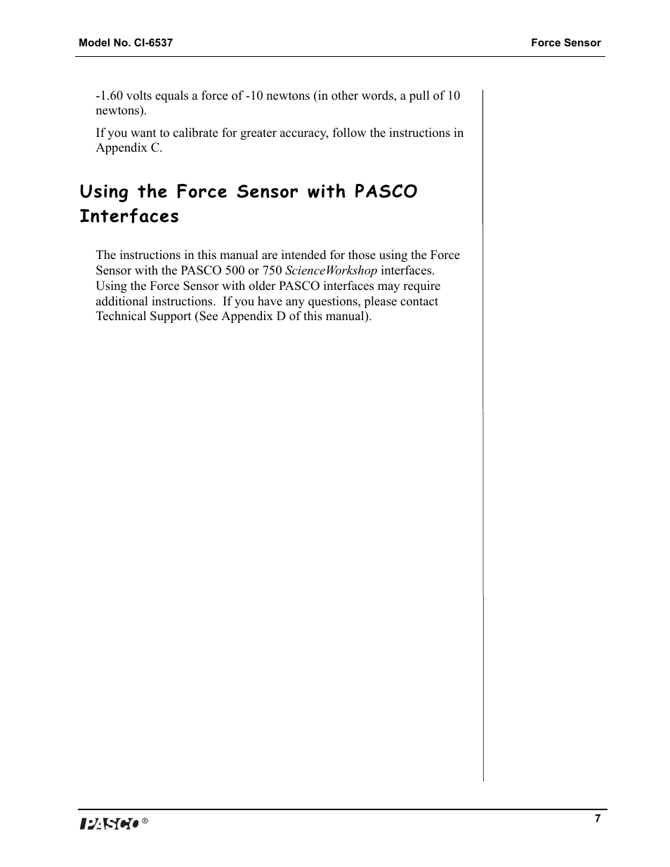 Using the force sensor with pasco interfaces | PASCO CI-6537 Force Sensor User Manual | Page 7 / 18