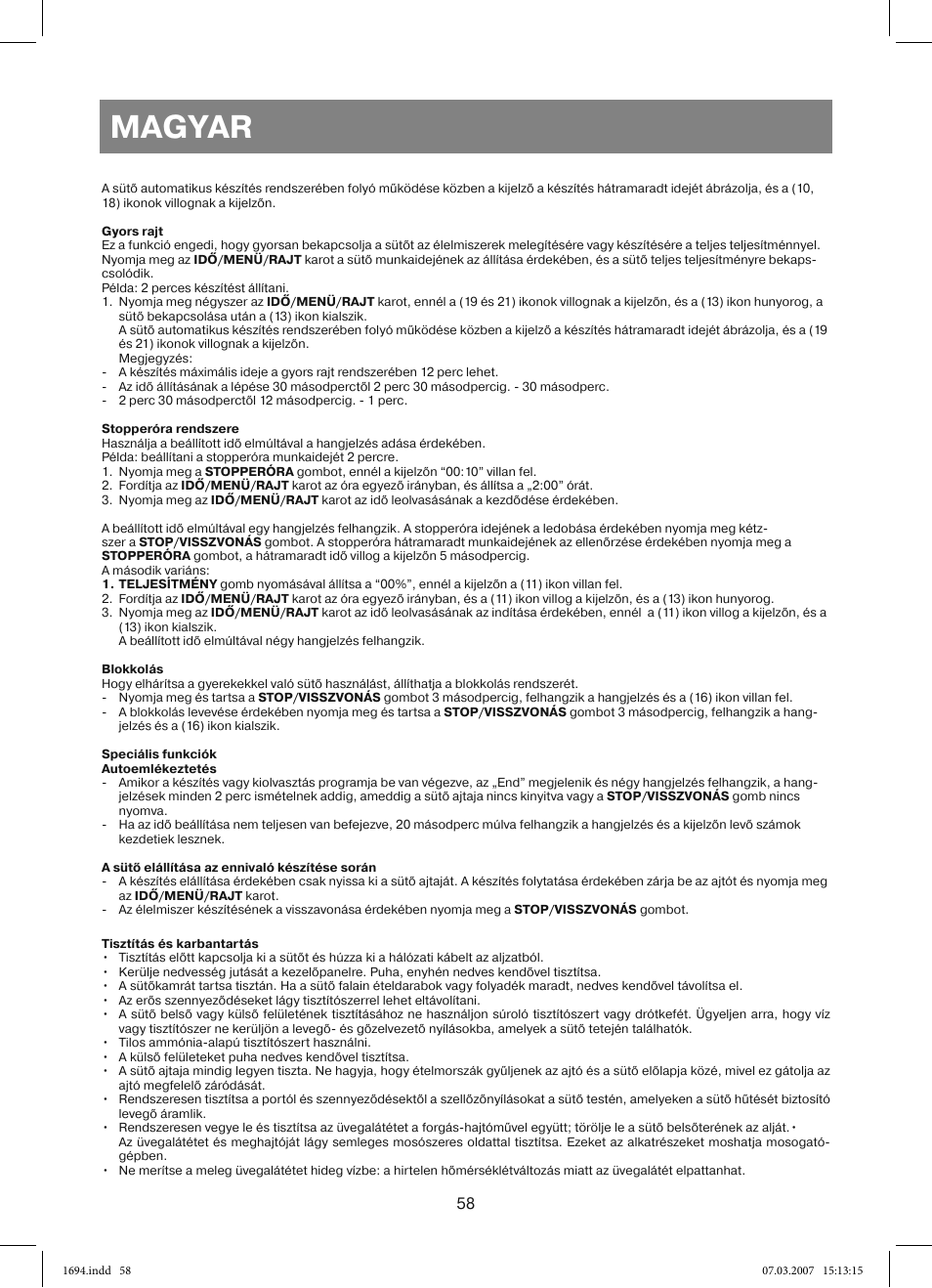 Magyar | Vitek VT-1694 User Manual | Page 58 / 112