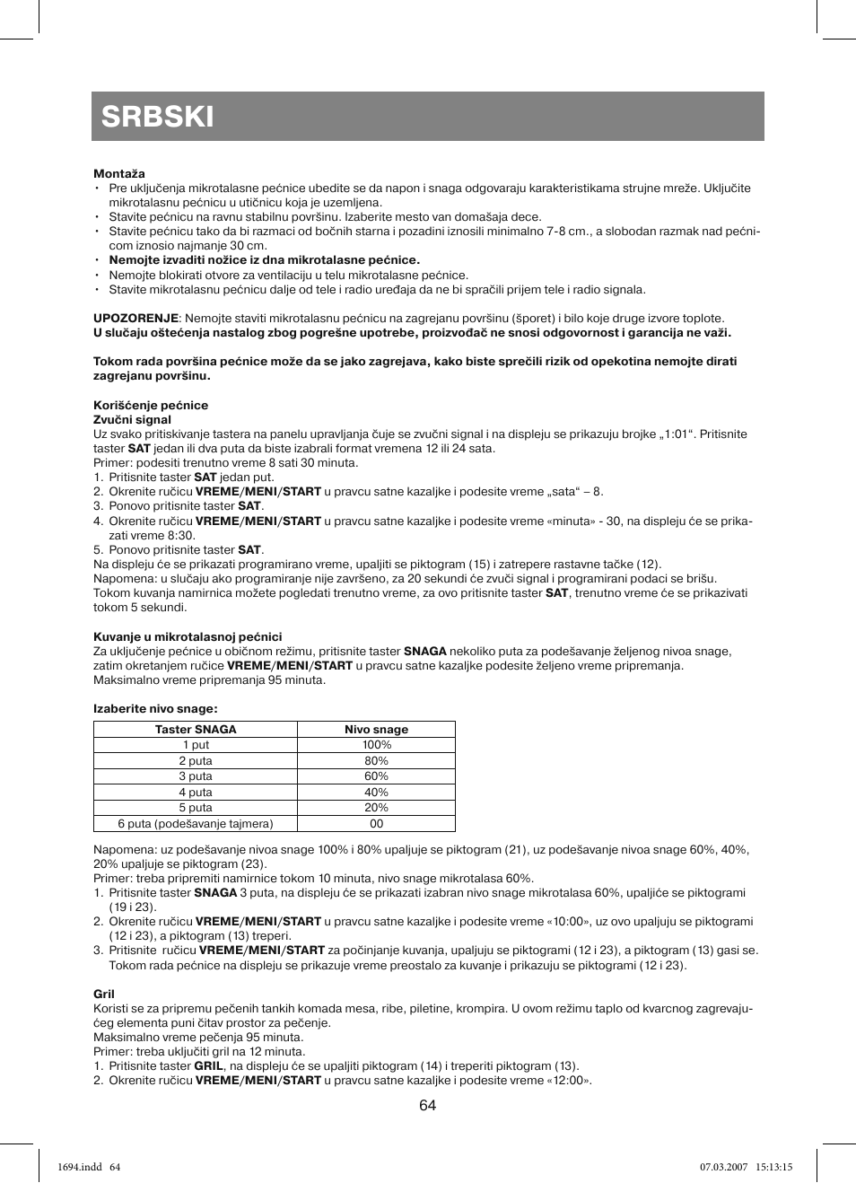 Srbski | Vitek VT-1694 User Manual | Page 64 / 112