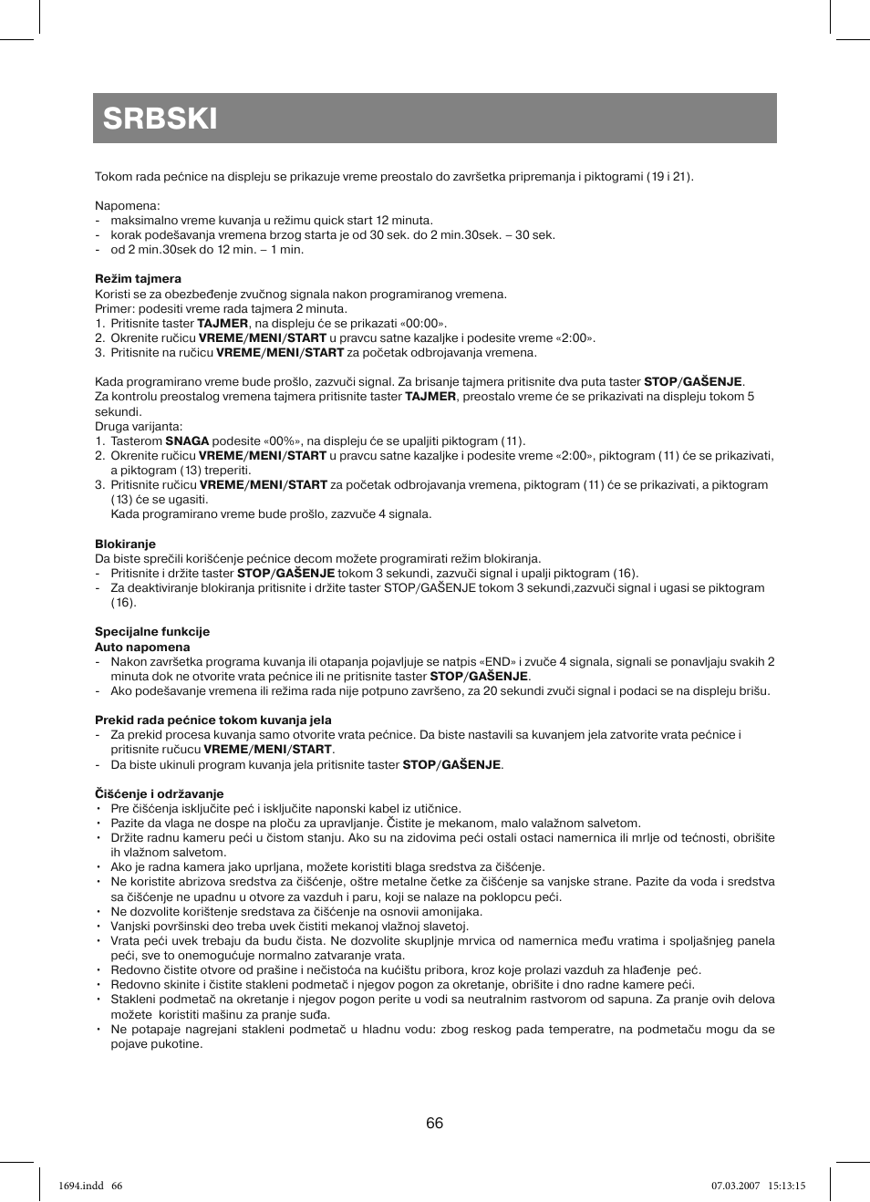 Srbski | Vitek VT-1694 User Manual | Page 66 / 112