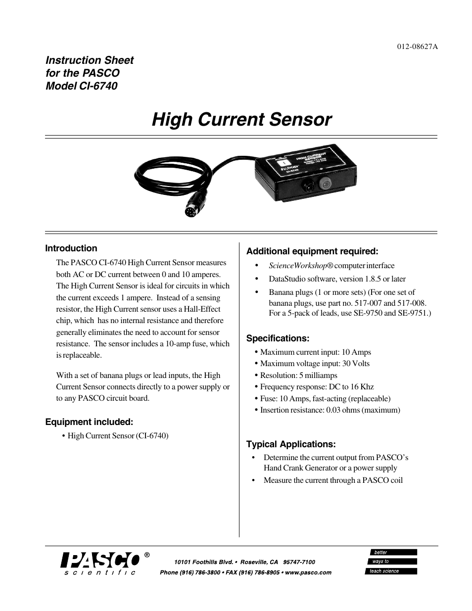 PASCO CI-6740 High Current Sensor User Manual | 4 pages