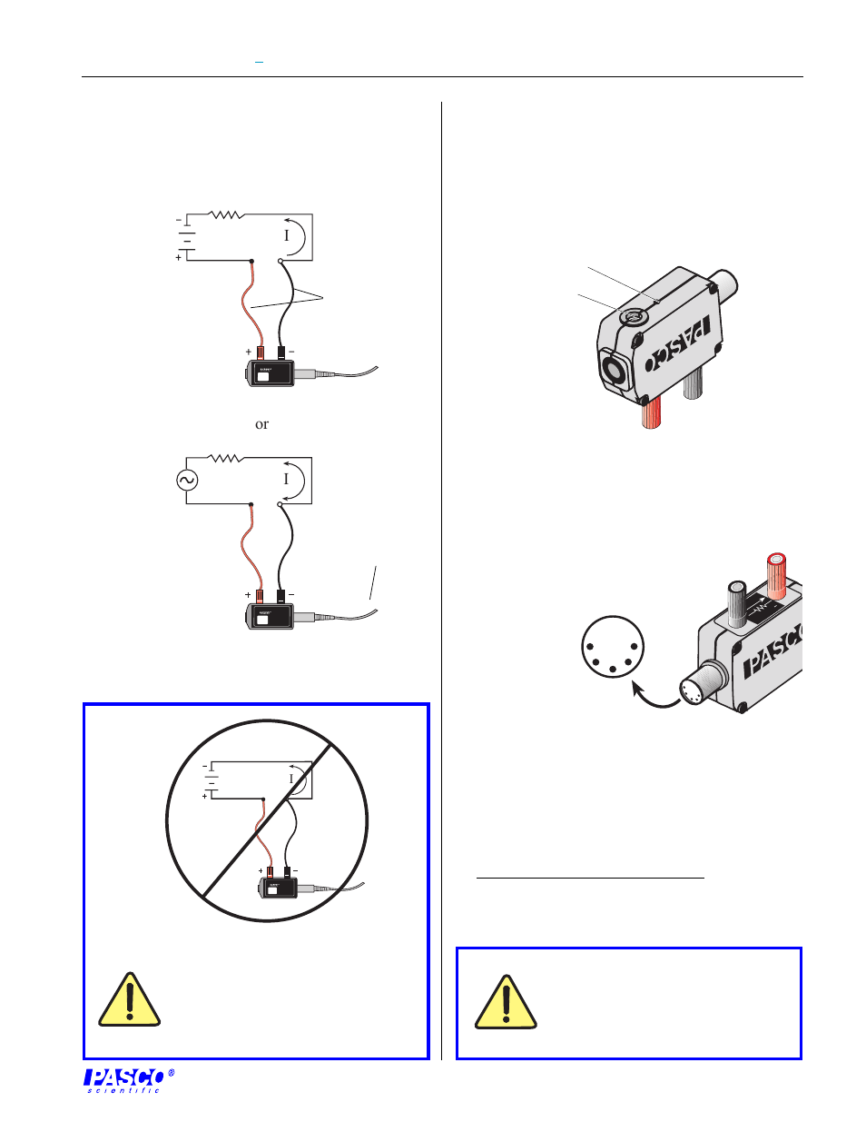 Mounting on an experimental apparatus, Din connector specifications, Specifications | Ior i, Equipment setup | PASCO CI-6556 CURRENT SENSOR User Manual | Page 3 / 4