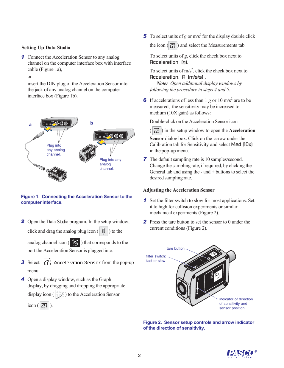 Setup procedure | PASCO CI-6558 Rev A ACCELERATION SENSOR User Manual | Page 2 / 4