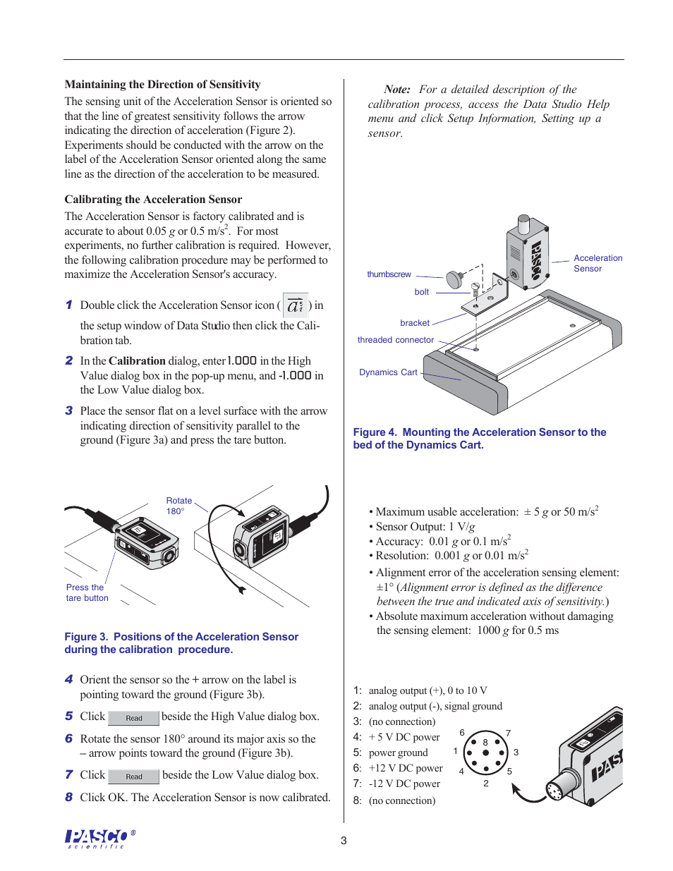 Operation specifications, Din connector specifications, Mounting on a dynamics cart | Maximum usable acceleration: ± 5 g or 50 m/s, Se ns or po sit ion | PASCO CI-6558 Rev A ACCELERATION SENSOR User Manual | Page 3 / 4