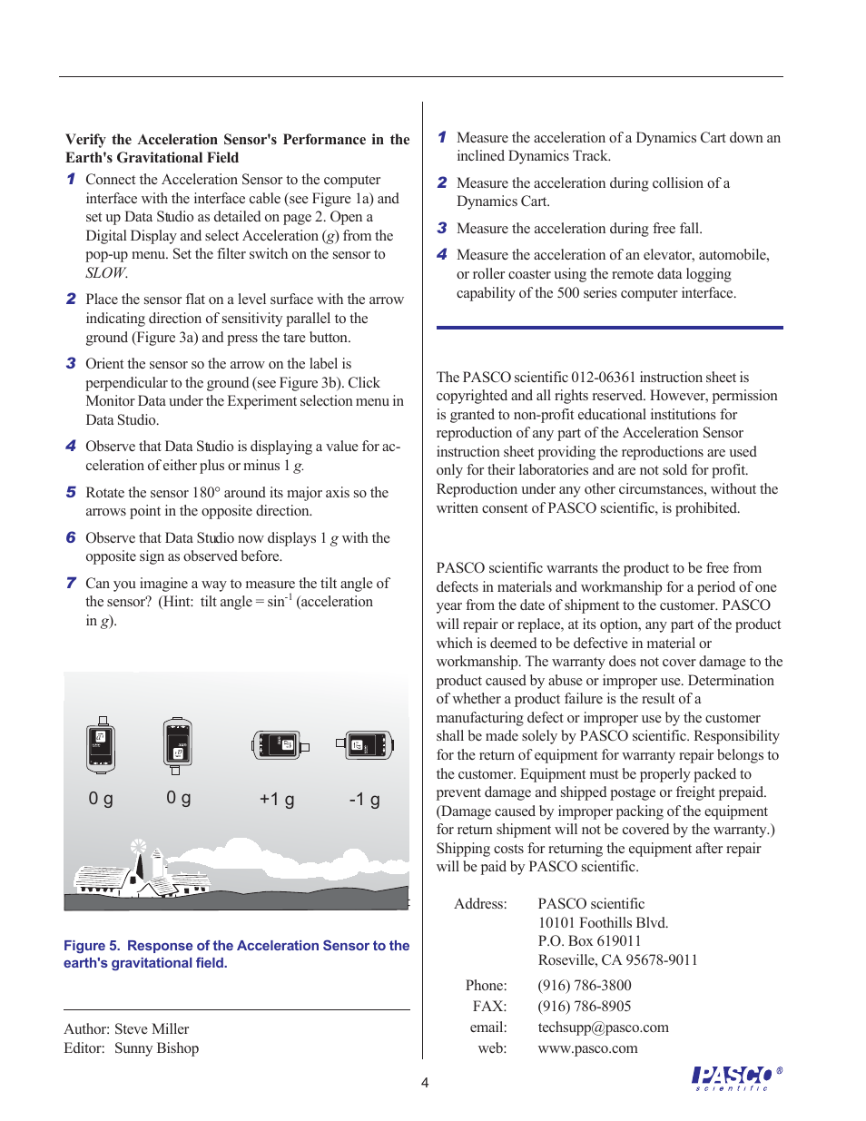 0 g +1 g -1 g, Copyright notice, Limited warranty | Suggested experiment, Suggested activities | PASCO CI-6558 Rev A ACCELERATION SENSOR User Manual | Page 4 / 4