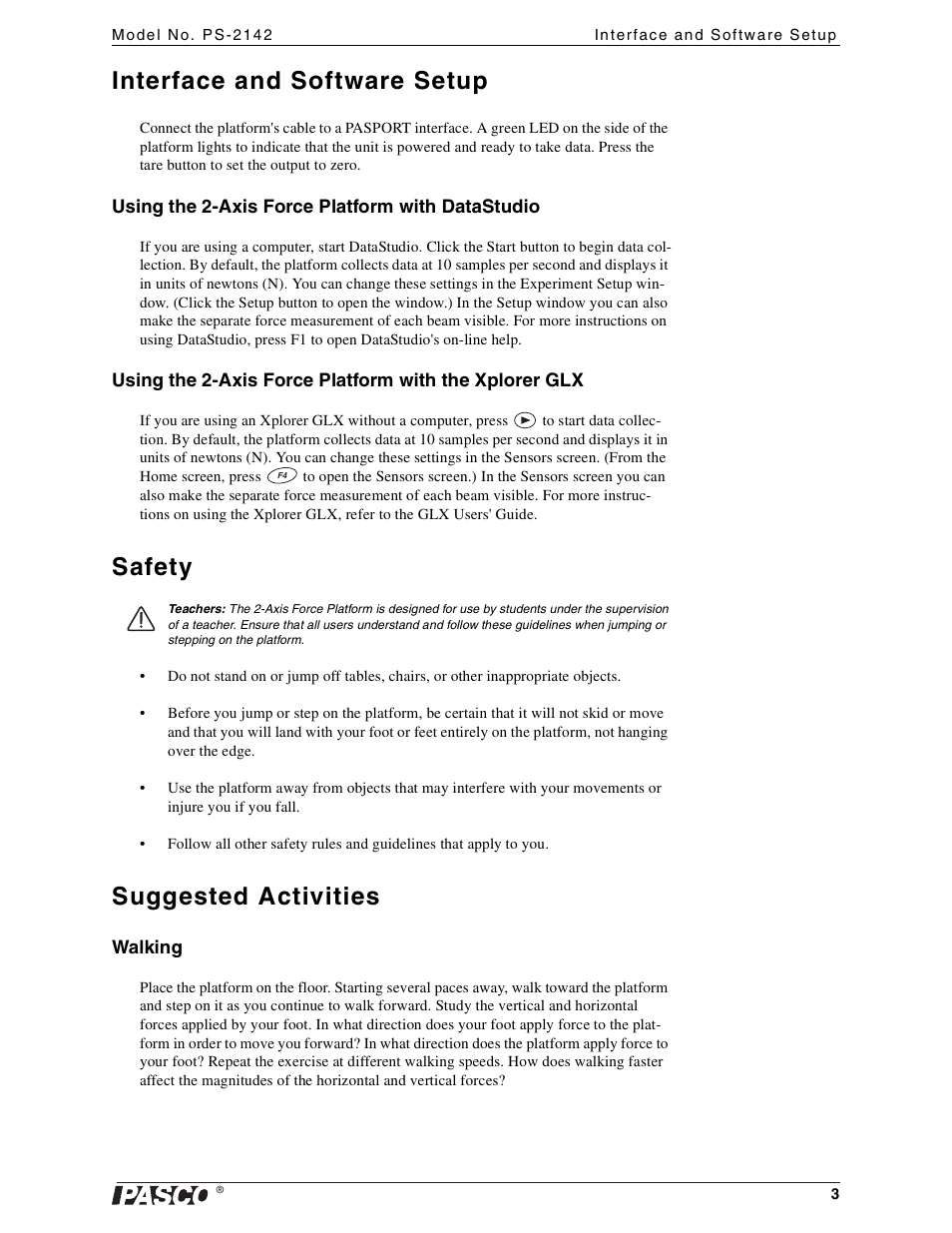 Interface and software setup, Using the 2-axis force platform with datastudio, Safety | Suggested activities, Walking | PASCO PS-2142 2-Axis Force Platform User Manual | Page 3 / 6