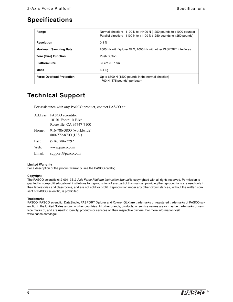 Specifications, Technical support, Specifications technical support | PASCO PS-2142 2-Axis Force Platform User Manual | Page 6 / 6