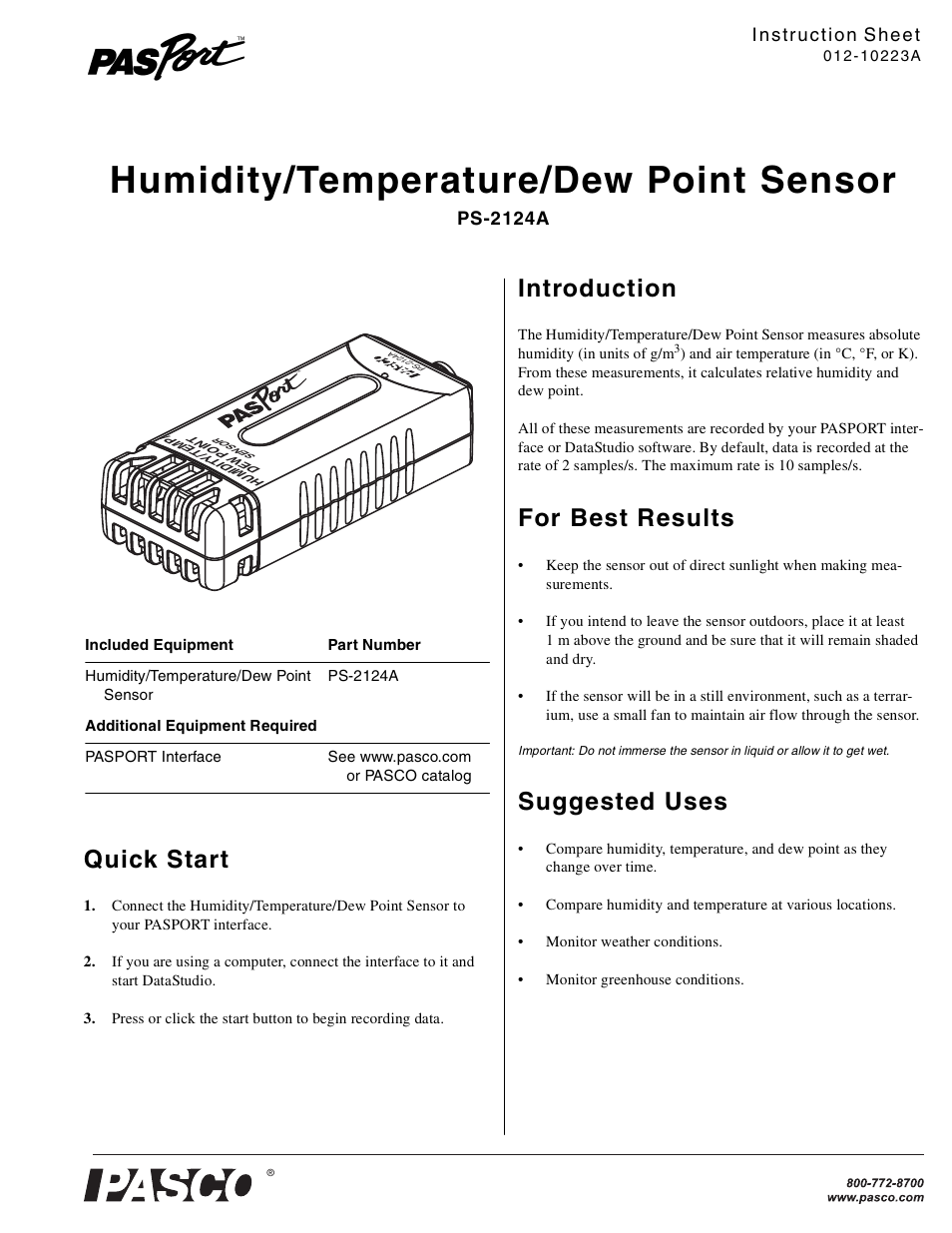 PASCO PS-2124A Humidity_Temperature_Dew Point Sensor User Manual | 2 pages