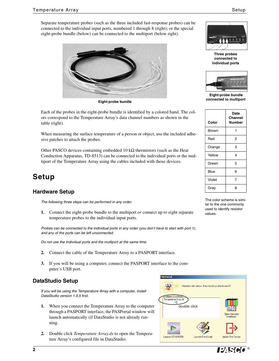 Setup, Hardware setup, Datastudio setup | PASCO PS-2157 Temperature Array User Manual | Page 2 / 5