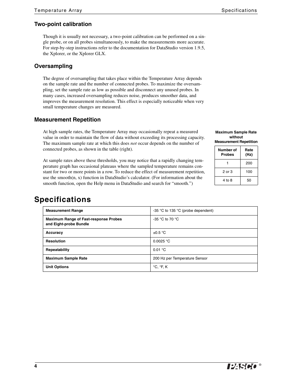Specifications, Two-point calibration, Oversampling | Measurement repetition | PASCO PS-2157 Temperature Array User Manual | Page 4 / 5