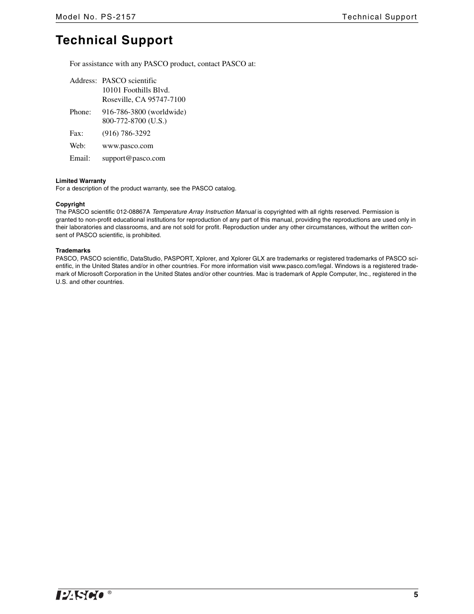 Technical support | PASCO PS-2157 Temperature Array User Manual | Page 5 / 5