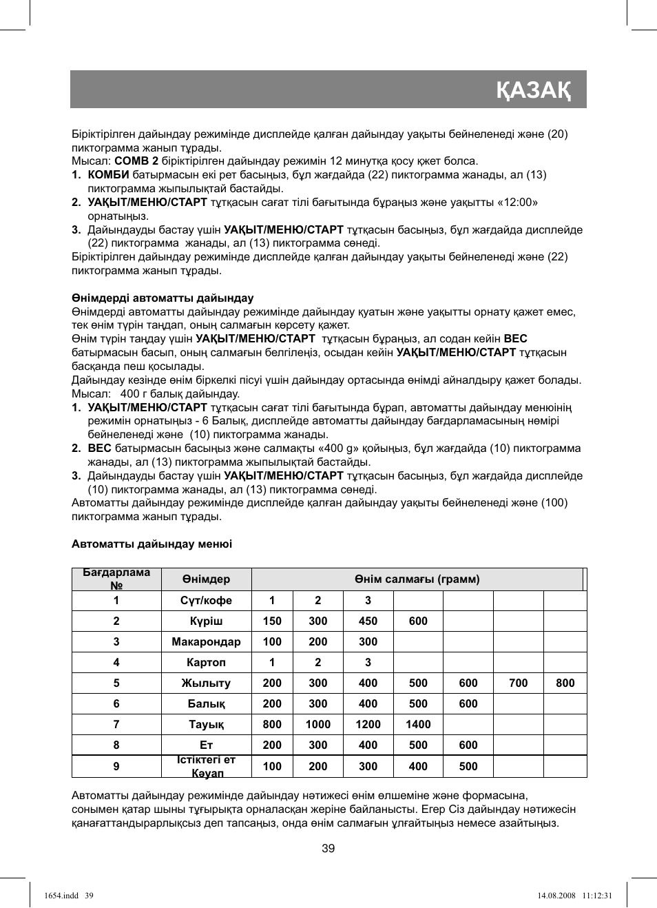 Қазақ | Vitek VT-1654 User Manual | Page 39 / 88