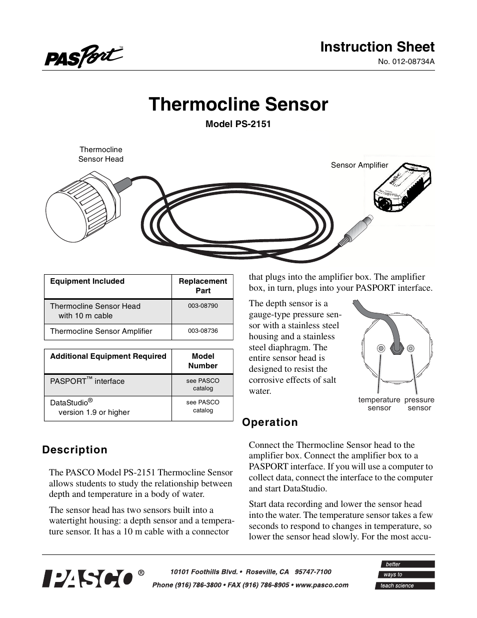 PASCO PS-2151 Thermocline Sensor User Manual | 2 pages