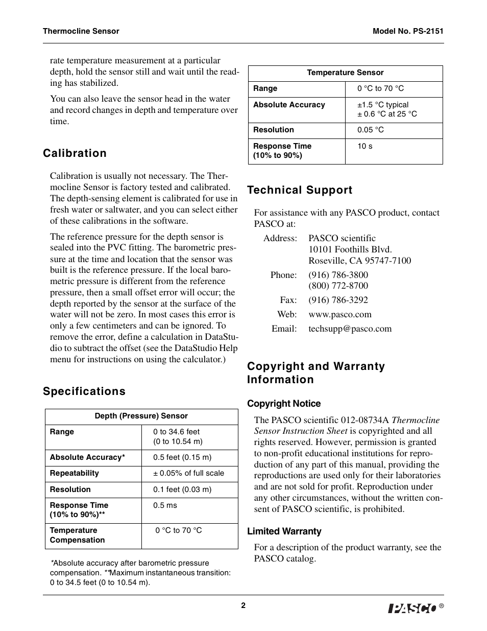 Calibration, Specifications, Technical support | Copyright and warranty information | PASCO PS-2151 Thermocline Sensor User Manual | Page 2 / 2