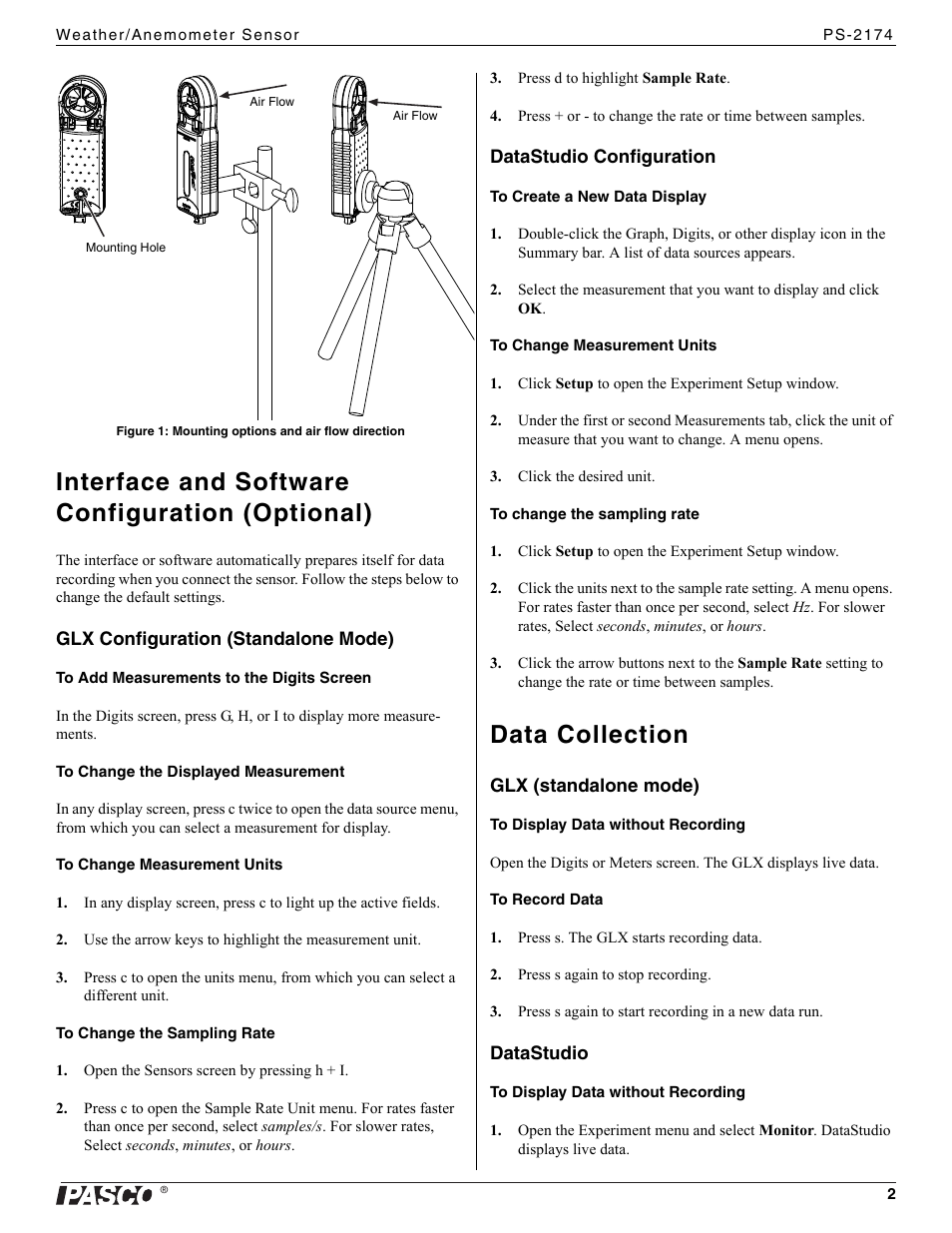 Interface and software configuration (optional), Data collection | PASCO PS-2174 Weather_Anemometer Sensor User Manual | Page 2 / 4