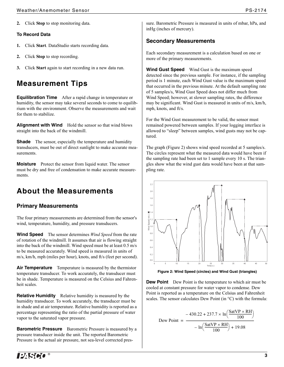 Measurement tips, About the measurements | PASCO PS-2174 Weather_Anemometer Sensor User Manual | Page 3 / 4