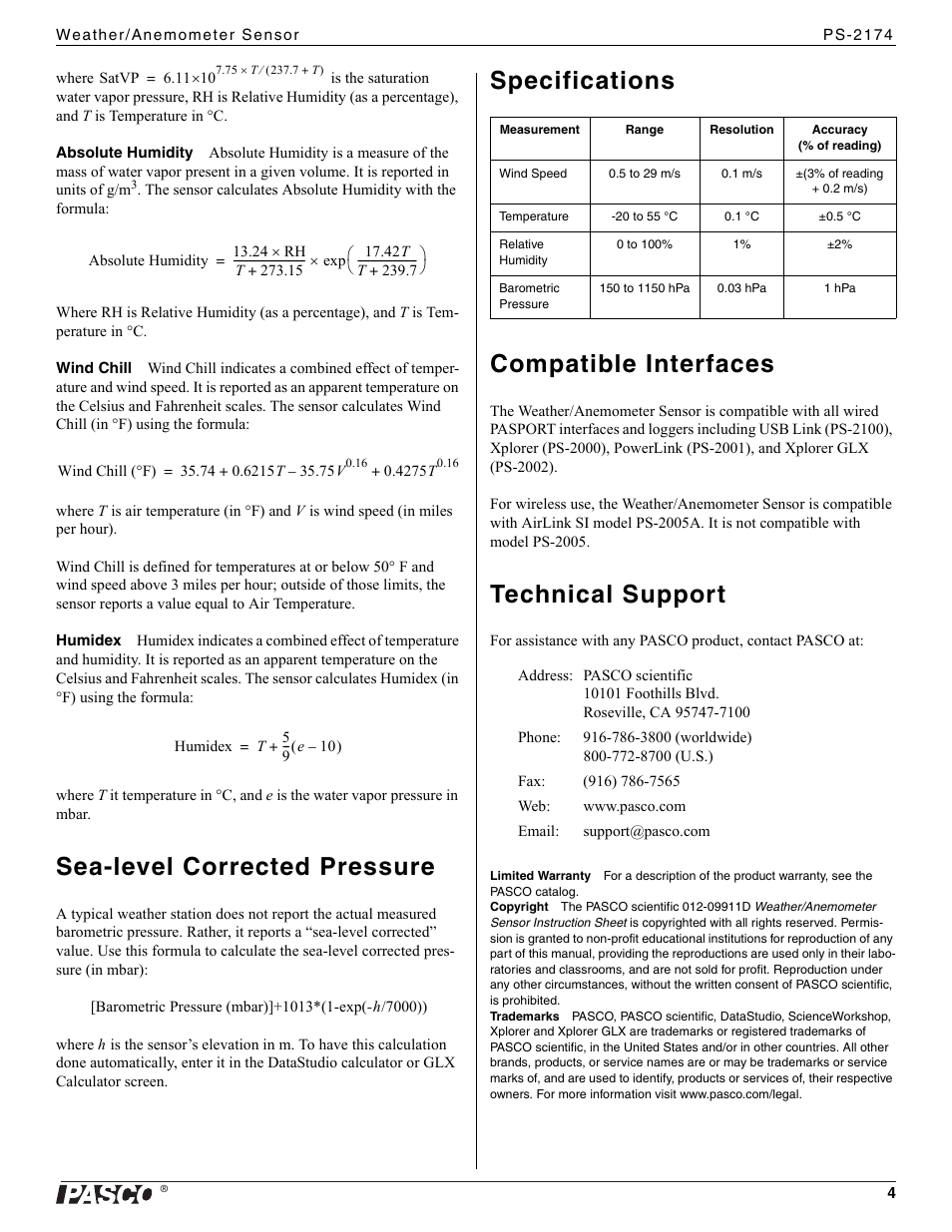 Sea-level corrected pressure, Specifications compatible interfaces, Technical support | PASCO PS-2174 Weather_Anemometer Sensor User Manual | Page 4 / 4