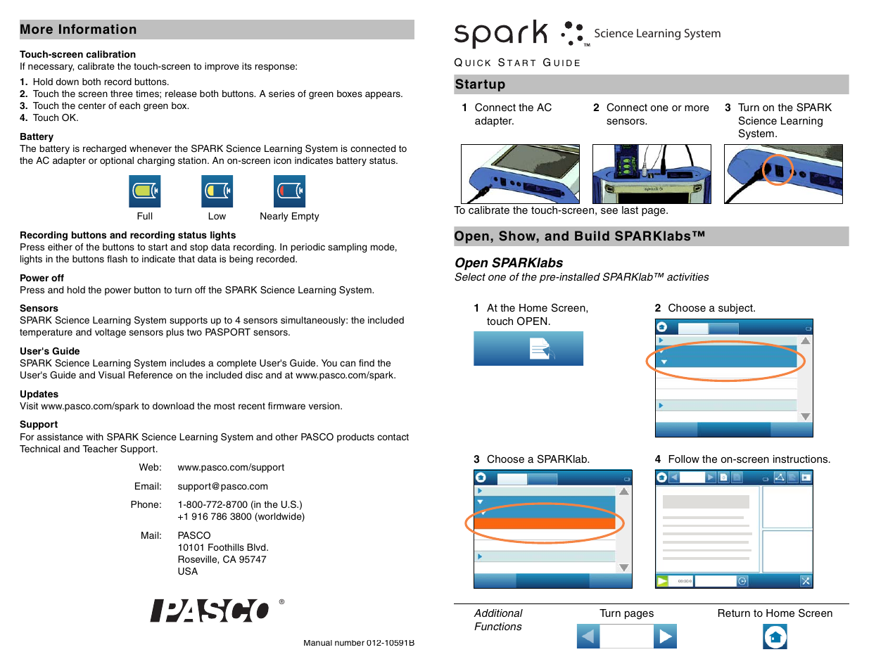 PASCO SPARK Science Learning System Quick-Start User Manual | 2 pages