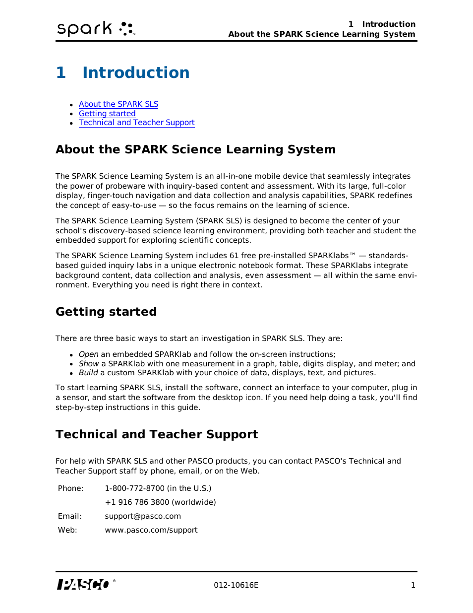 1 introduction, About the spark science learning system, Getting started | Technical and teacher support, Introduction, 1introduction | PASCO SPARK Science Learning System Ver. 1.4.0 User's Guide User Manual | Page 10 / 124