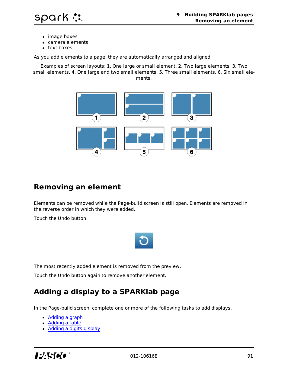Removing an element, Adding a display to a sparklab page | PASCO SPARK Science Learning System Ver. 1.4.0 User's Guide User Manual | Page 100 / 124
